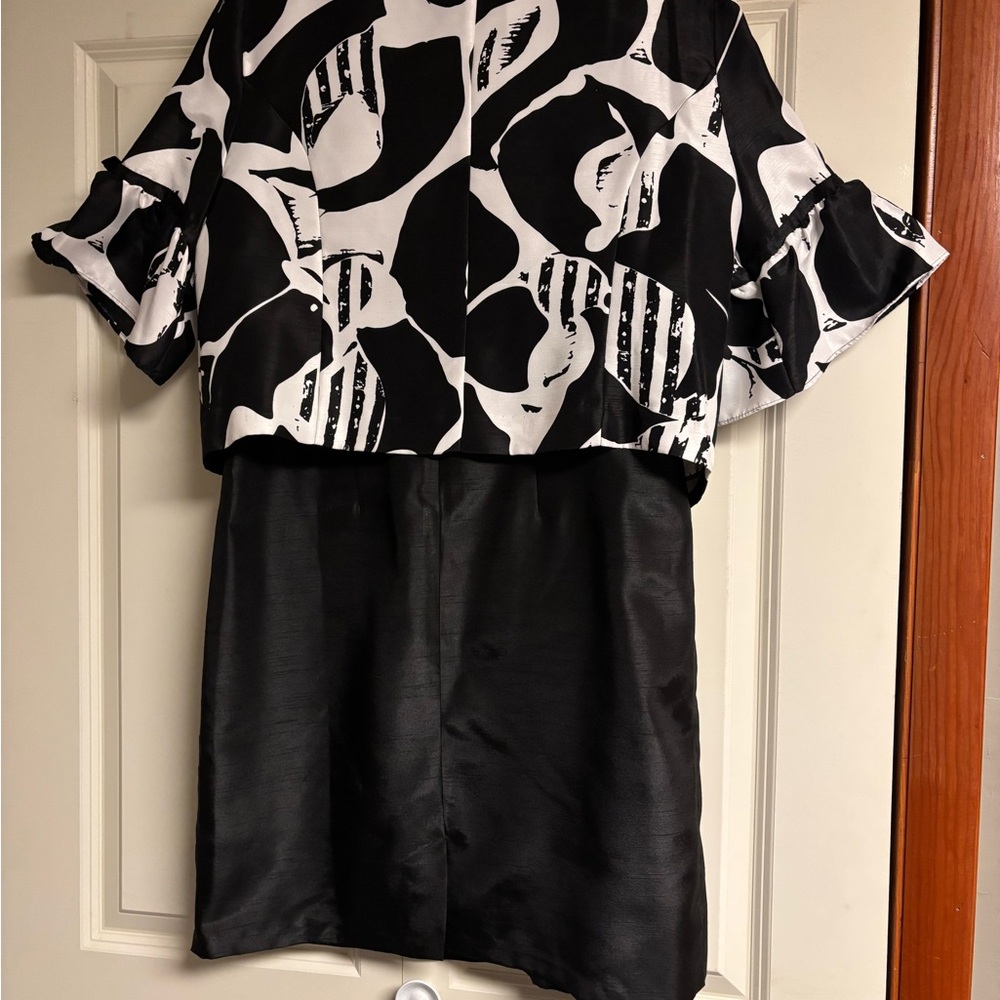 Black & White Printed Cropped Jacket with Black Dress Set